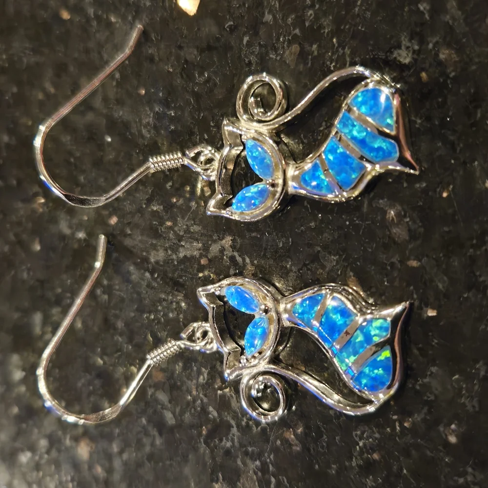 Created Blue Opaline Cat Earrings Sterling Silver Kitty Stylized Dangle …